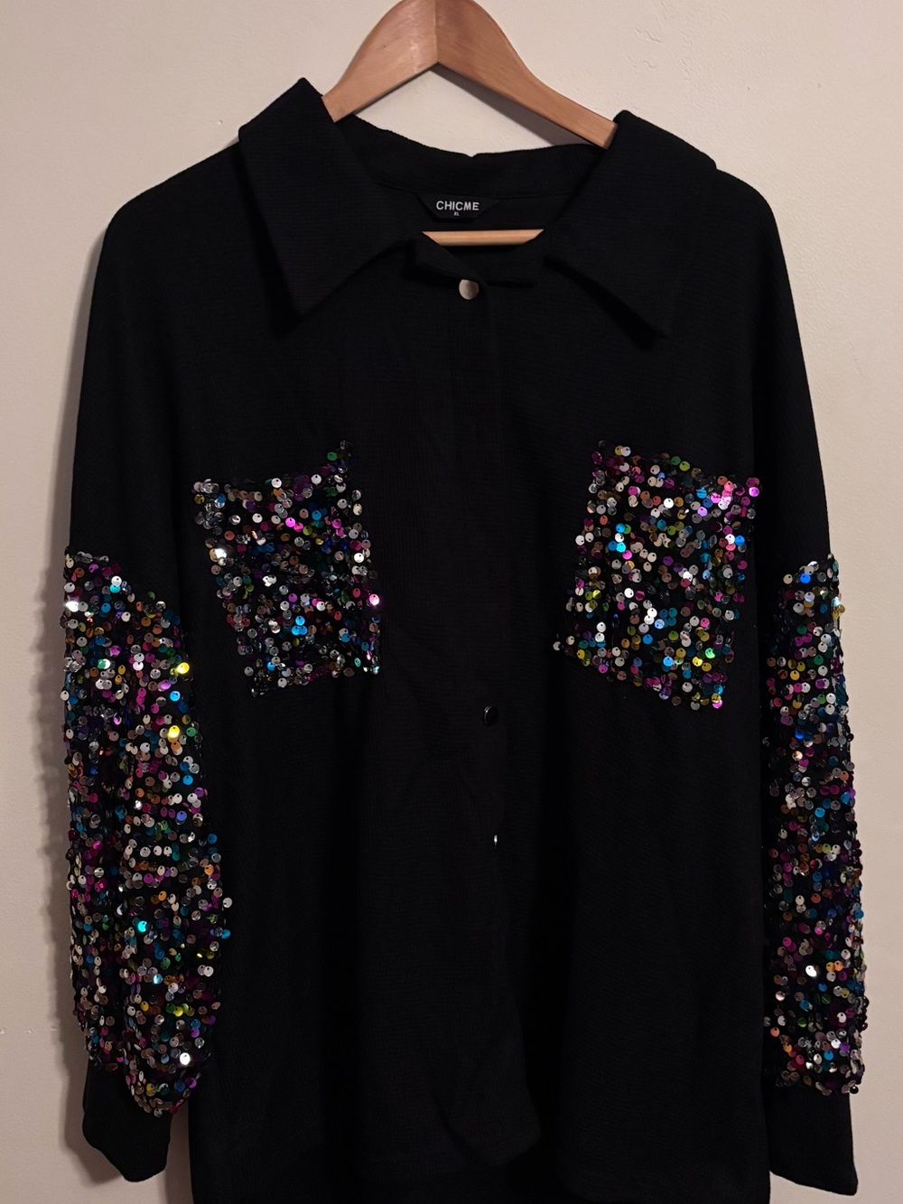 Chic Me Black Sequin-Embellished Button-Up Top